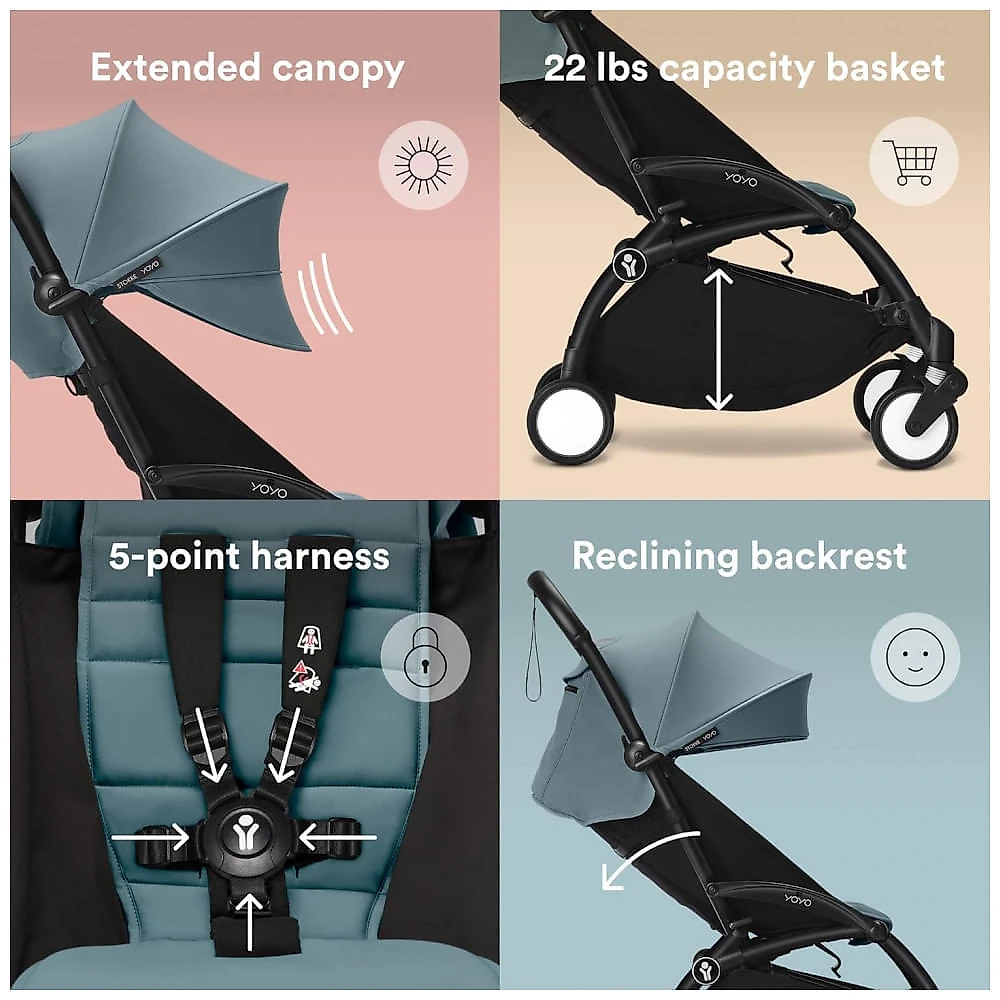 Carrinho de Bebê Stokke YOYO3 Aqua - Estrutura Preta, Dobrável Compacto, Assento Reclinável 3 Pontos, Cinto Ajustável, Leve e Portátil