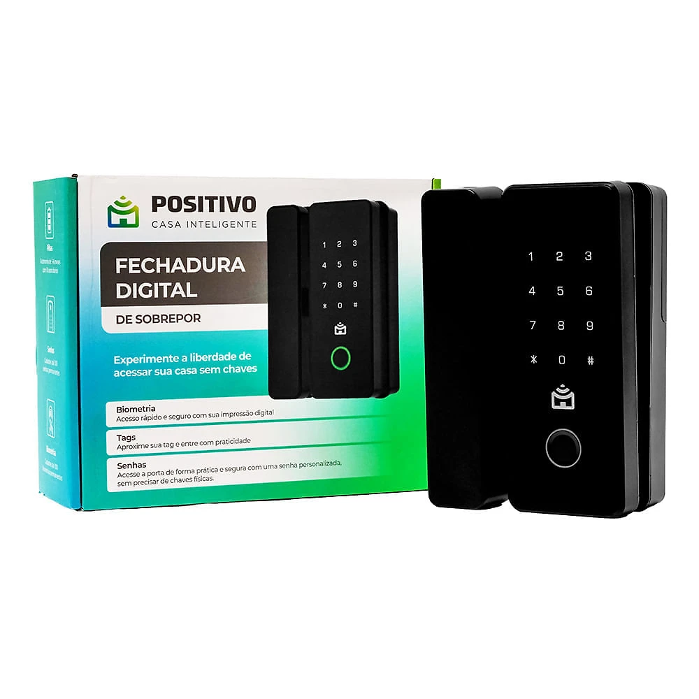 Fechadura Digital de Sobrepor Positivo Casa Inteligente com Biometria, Senha e Tag – Com Teclado Touch – Preta