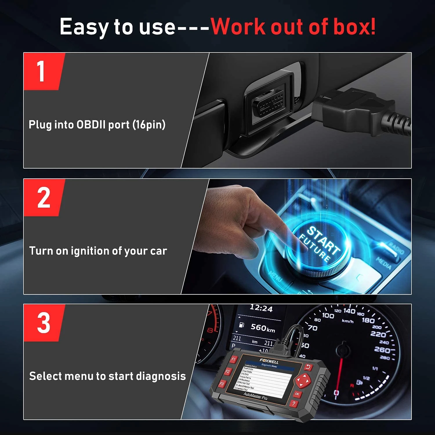 Miniatura FOXWELL Scanner Automotivo com Tela LED e Diagnóstico OBD2 NT604 12V Preto