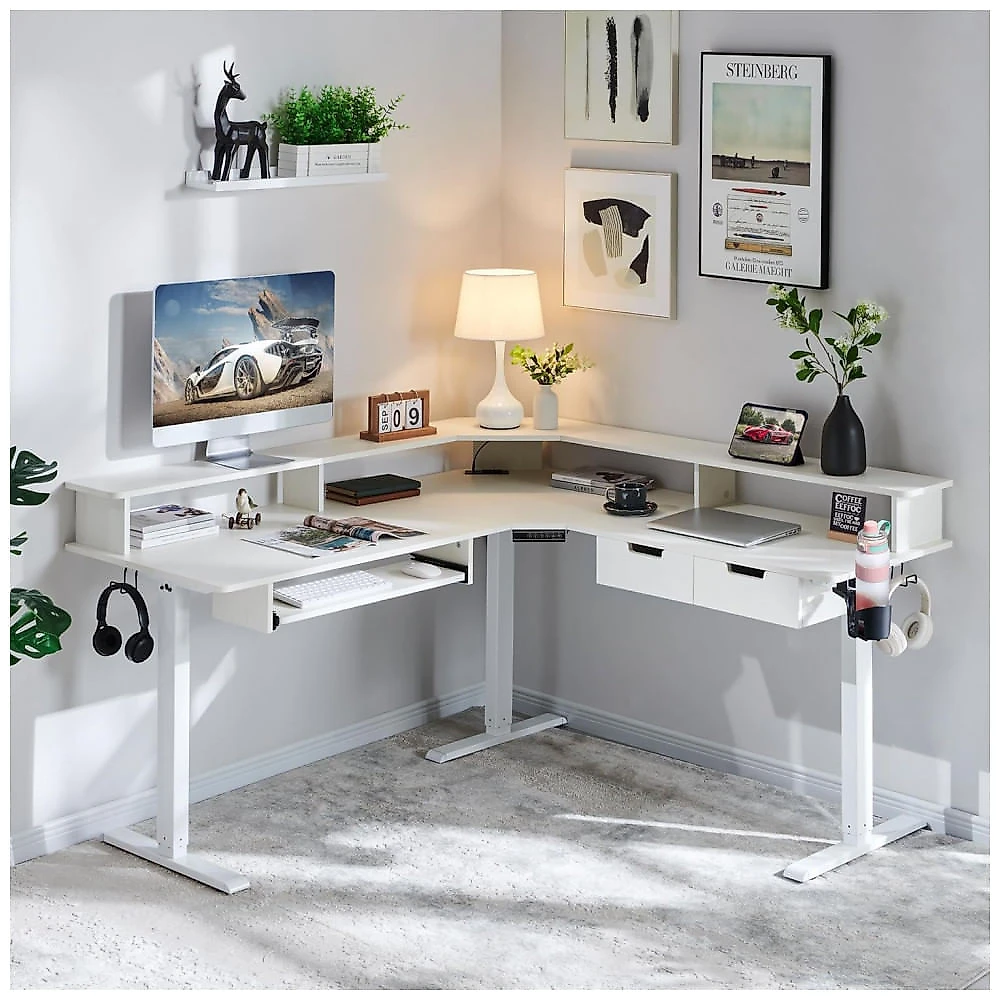 Mesa Gamer em L RedLemon 152 cm Ajustável em Altura com Gavetas, Bandeja de Teclado, Tomadas Elétricas e Luzes LED, Prateleira para Monitor