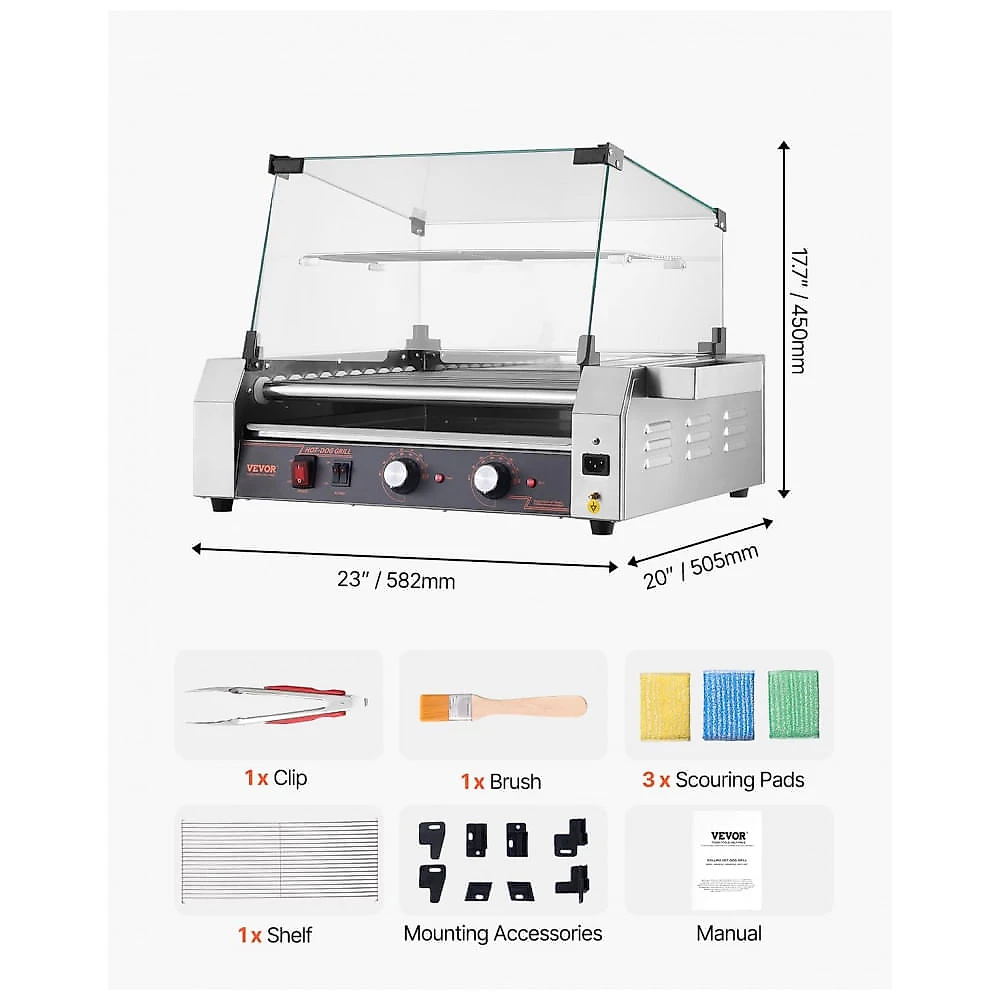 Grill de Cachorro-Quente VEVOR 11 Rolos 30 Unidades Inox Controle Duplo de Temperatura 1600W 110V