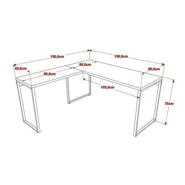 Miniatura Mesa de Escritório em L Estilo Industrial 1,50Mx1,50M Kuadra Compace Preto Onix