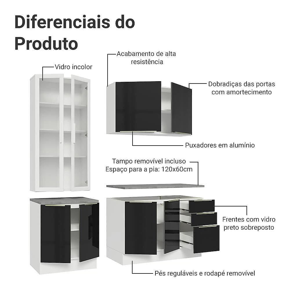 Armário De Cozinha Completa 190cm Lux Madesa Branco Preto