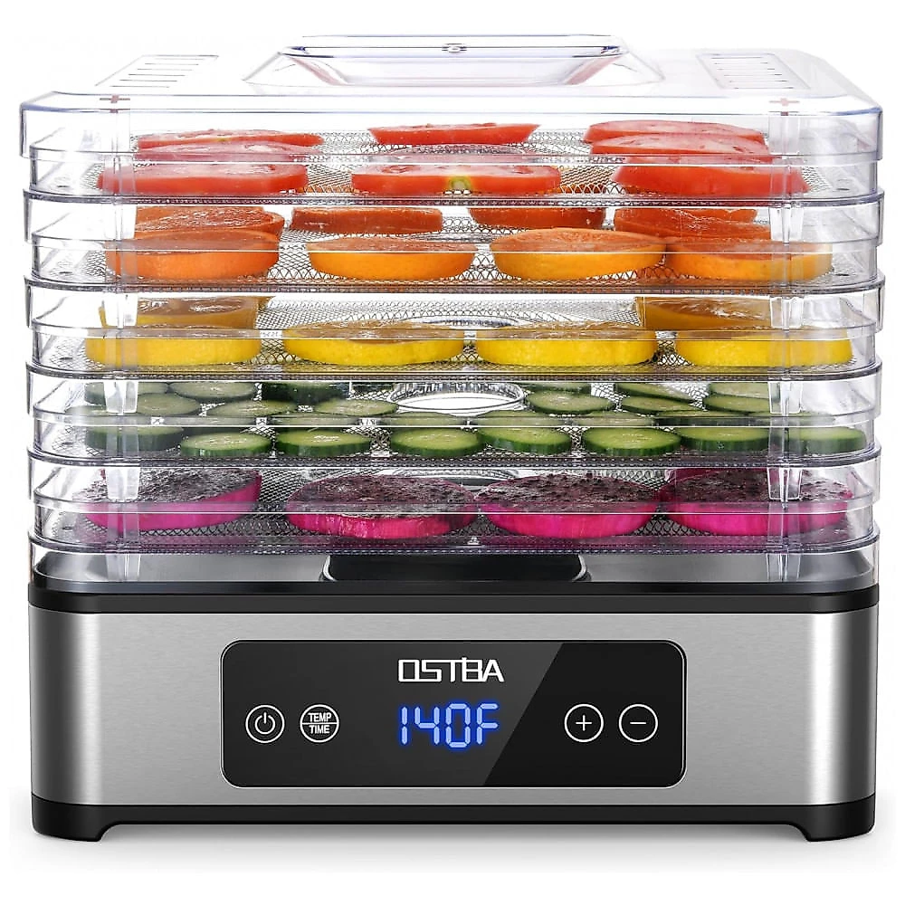 Desidratador de Alimentos OSTBA, 5 Bandejas de Aço Inoxidável, Temporizador de 48 Horas, Controle de Temperatura, 400W, Livro de Receitas