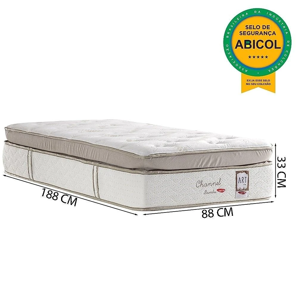 Cama Box Solteiro, Molas Ensacadas Herval Channel Bambu, 72x88x188 cm, com Colchão Auxiliar