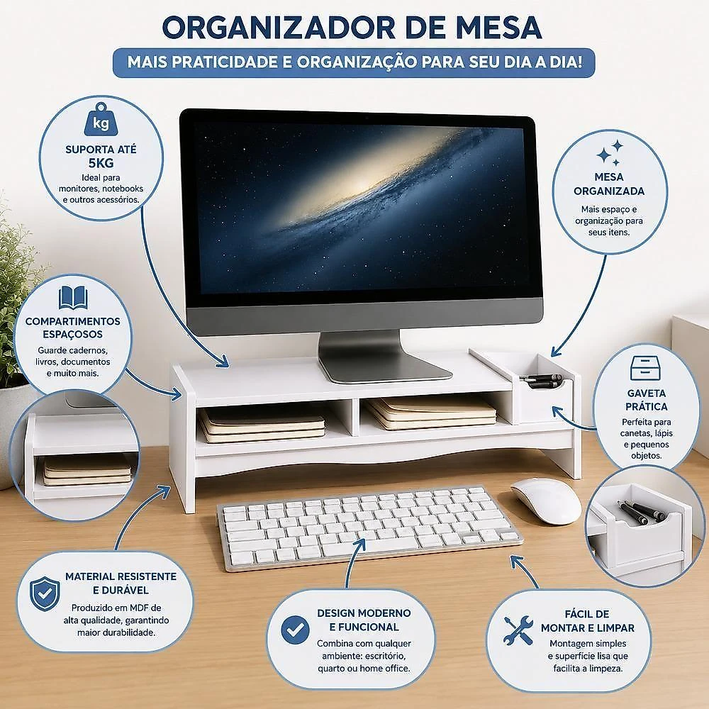 Suporte para Monitor com Gavetas Organizadoras Branco Yeet