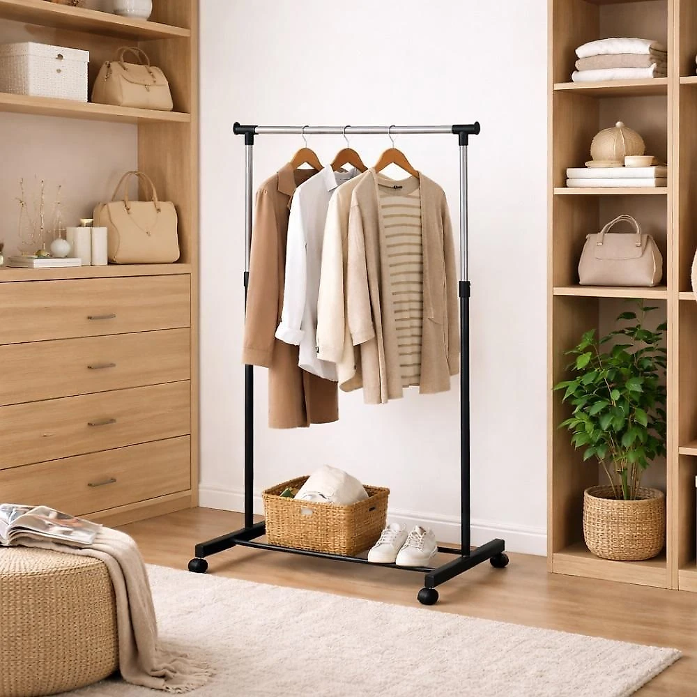 Arara Roupas Cabideiro com Sapateira Integrada Aço Cromado Altura Ajustável 4 Rodinhas 30KG webcontinental-7892619309369