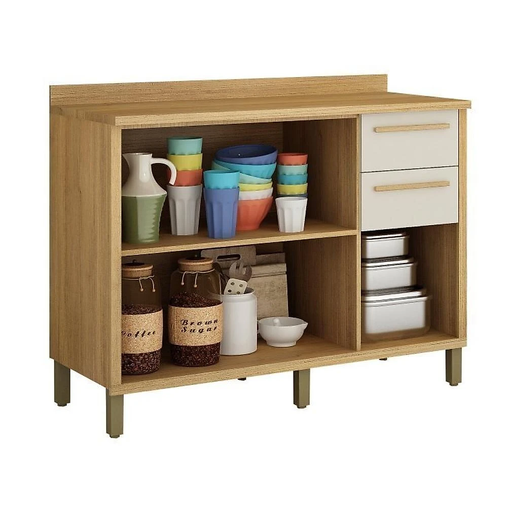 Conjunto de Cozinha Balcão 3 Portas 2 Gavetas e Armário Aéreo 120cm 3 Portas Ripado Torino Cinamomo/Off White
