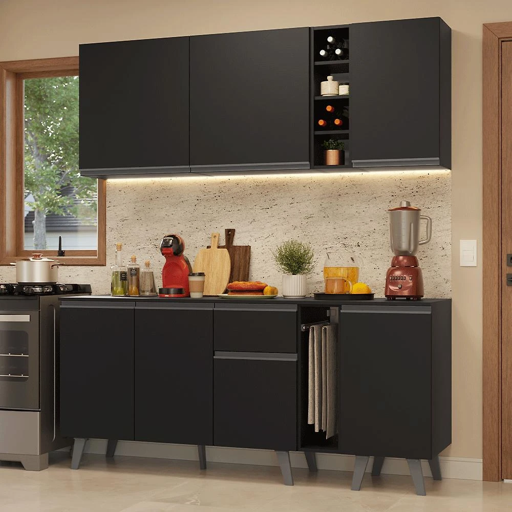 Armário de Cozinha Compacta 180 cm Preto Nice Madesa 01