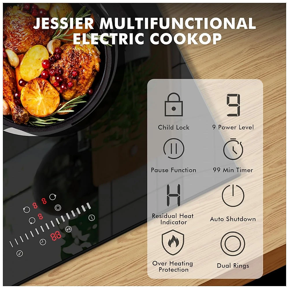 Cooktop elétrico vitrocerâmico 61cm 3 zonas Jessier 5200W touch timer trava segurança vidro preto 220V