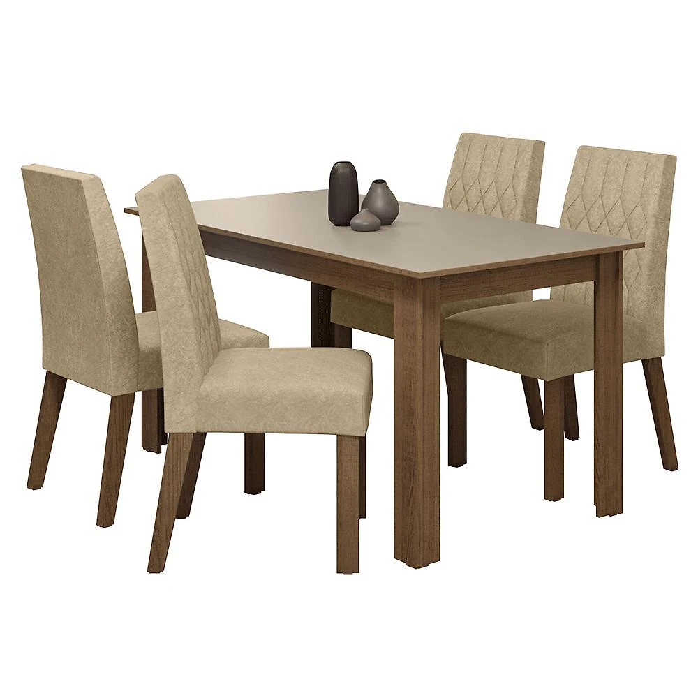 Conjunto sala de jantar lótus mesa tampo de madeira 4 cadeiras rustic/crema/suede imperial madesa