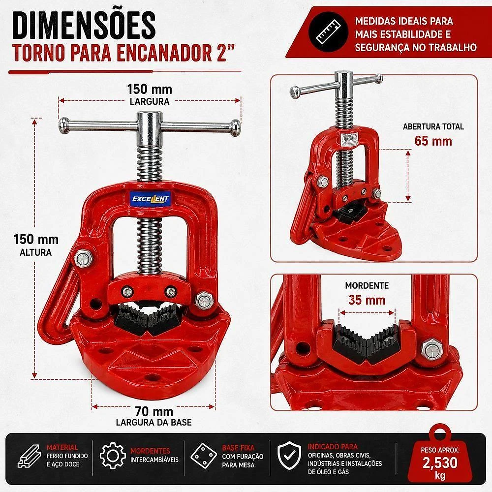 Morsa de Bancada para Tubo Torno Encanador 5kg Corte e Rosqueamento Até 2 Polegadas Base Fixa