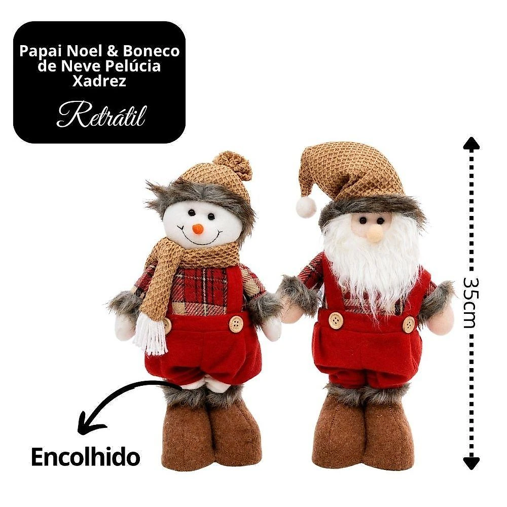 Conjunto Papai Noel e Boneco de Neve Retráteis Decorativo com Sistema Estica e Encolhe Xadrez