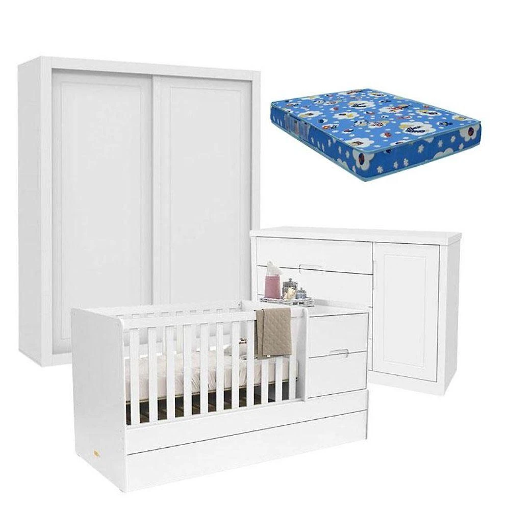 Quarto De Bebê 2 Portas Tutto New Com Berço Multifuncional Formare Branco Acetinado E Colchão - Matic