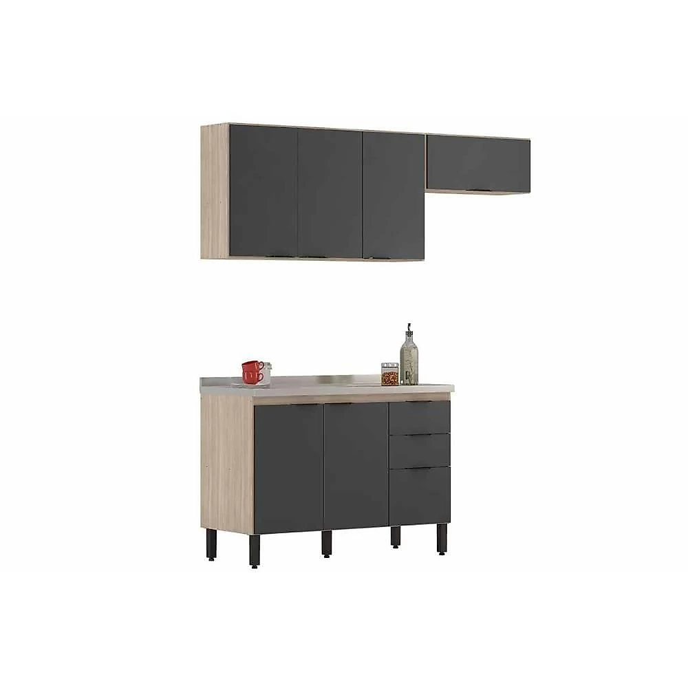 Kit Cozinha Firenze 3 Portas 2 Gavetas MDP 120CM Avena e Grafite Demóbile