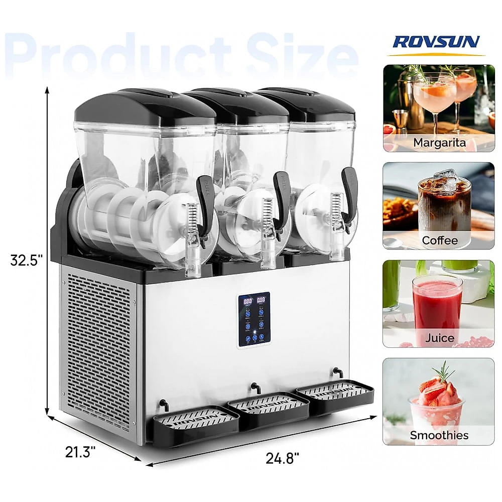 Máquina de Slush Raspadinha ROVSUN 45L Triplo Tanque 900W Frozen Comercial Prata 110V