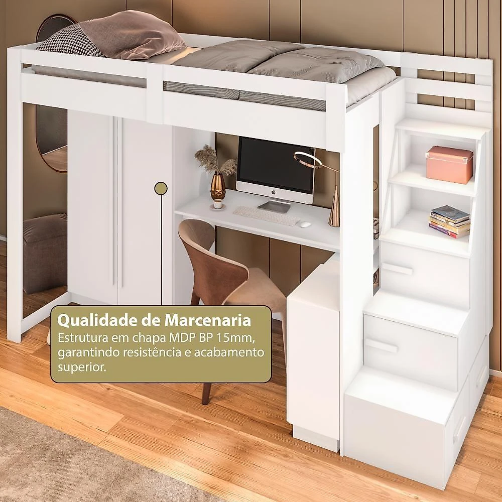 Cama Solteiro Alta com Guarda Roupa e Escrivaninha CRRUI-CAM014 MDF MDP Branco Multimóveis
