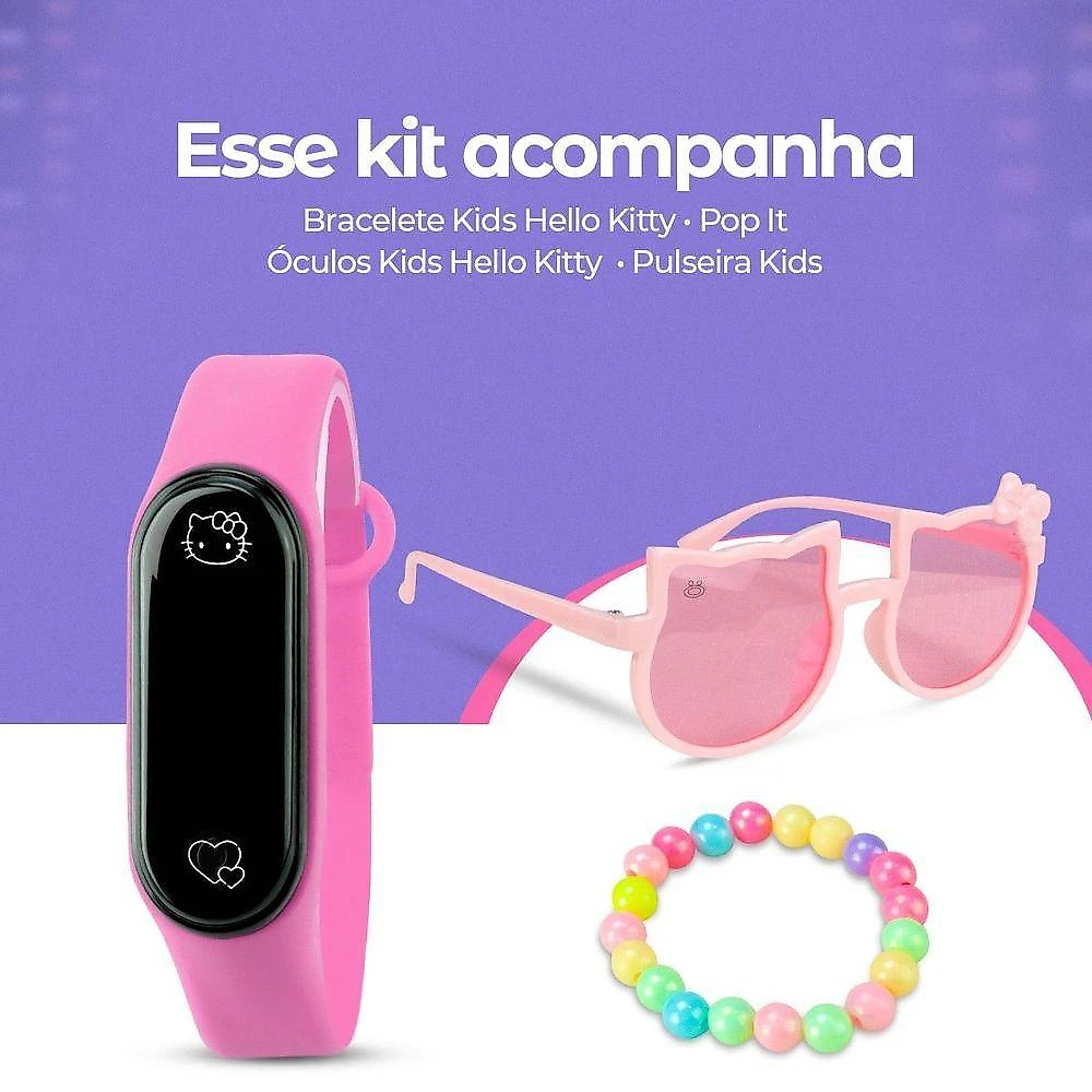 Oculos Sol + Pulseira + Relogio Digital Infantil Led Rosa