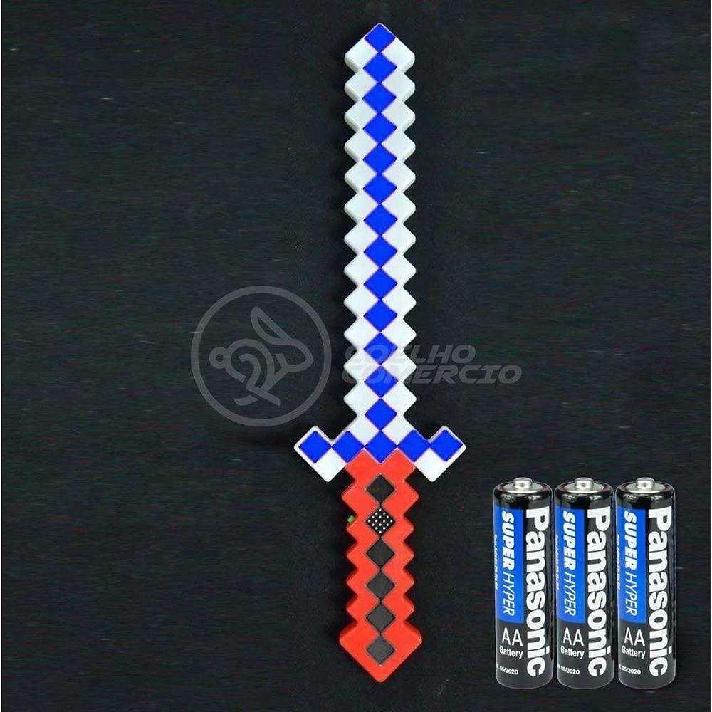 Kit Brinquedo Espada Pixel Minecraft 58cm C/Som Luz+3 Pilhas