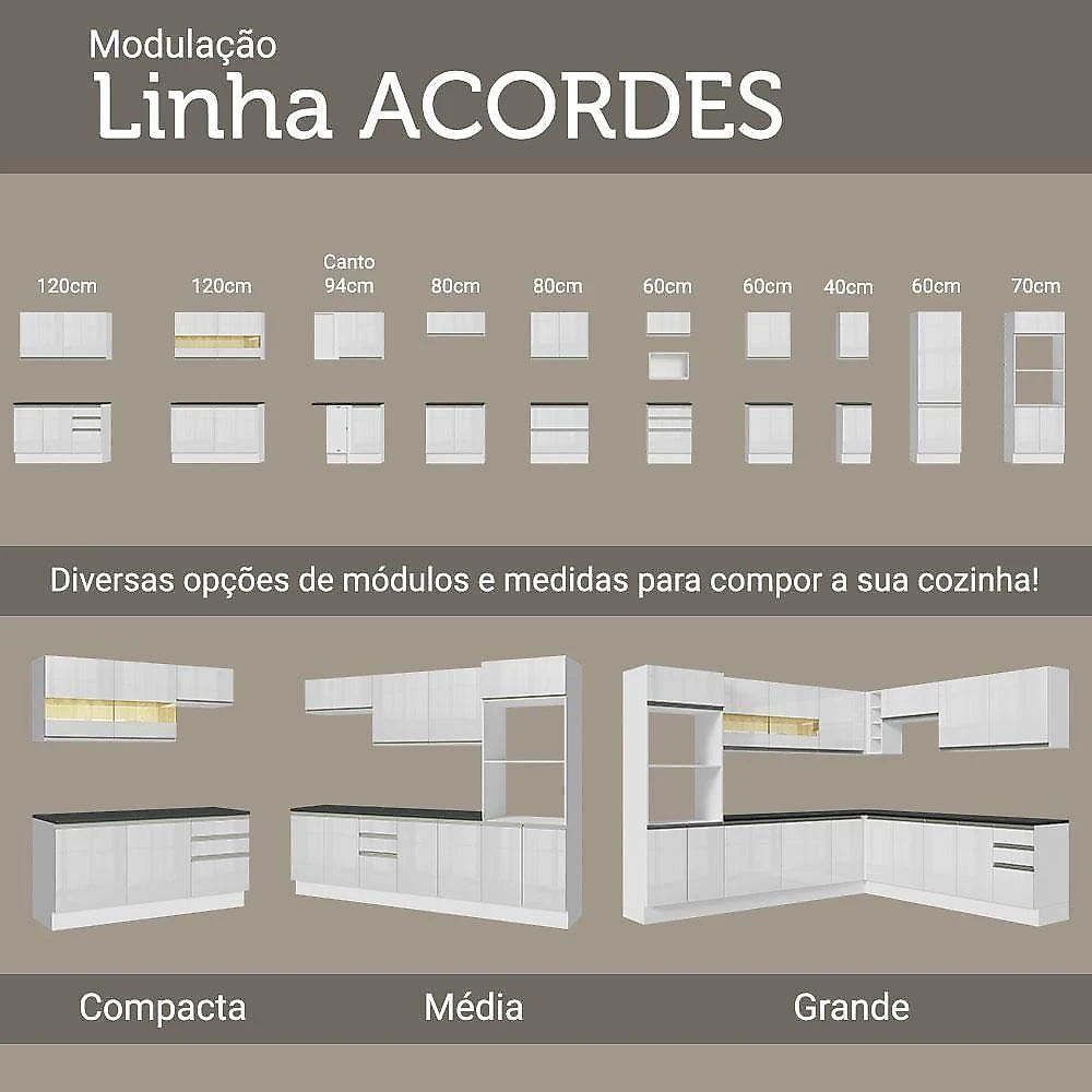 Armário Aéreo 100% Mdf 35 Cm 1 Porta Branco Brilho Acordes Madesa Branco