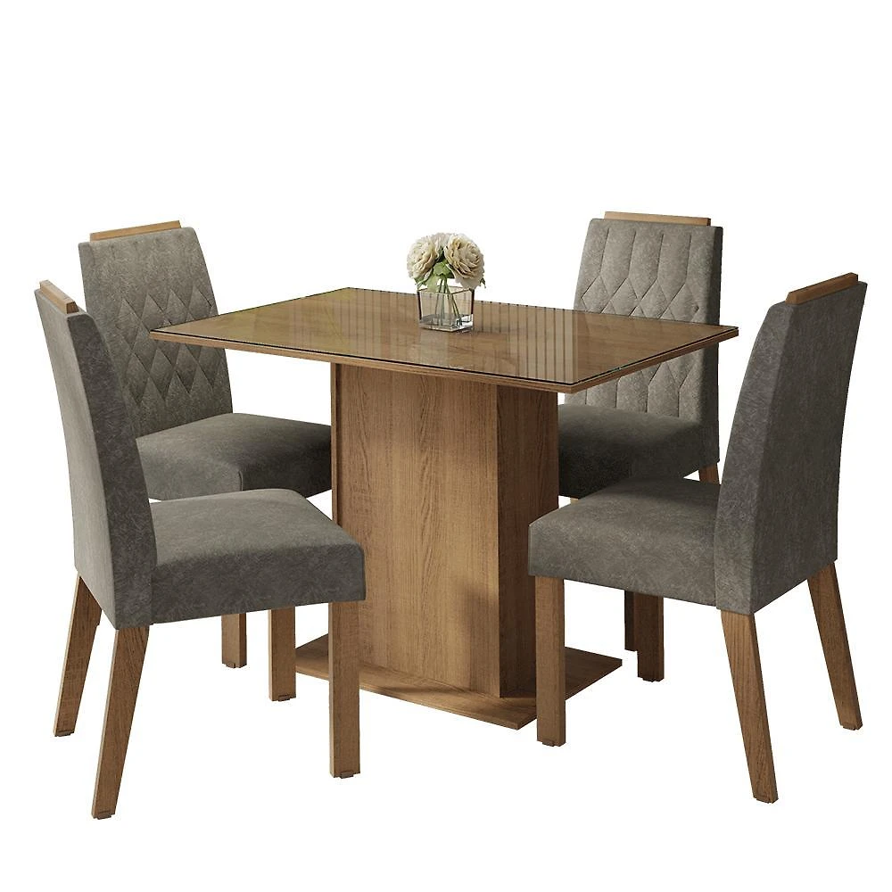 Conjunto sala de jantar tampo de vidro 4 cadeiras rustic/silver pitanga madesa