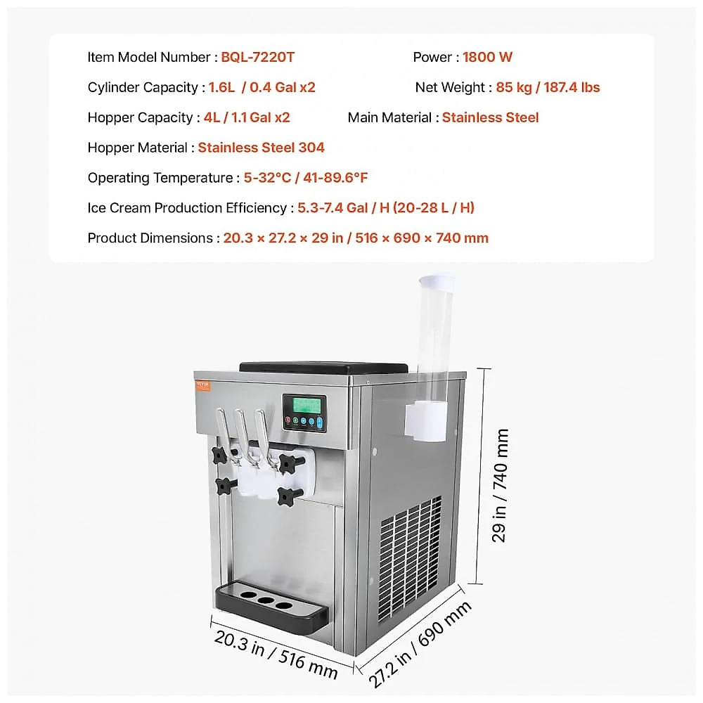 Máquina de Sorvete Soft VEVOR BQL-7220T 3 Sabores 20L/h Painel LCD Auto Limpeza Inox 110V