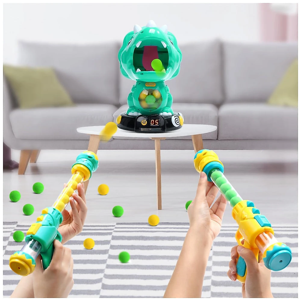 EagleStone Dinossauro Triceratops Móvel com Jogo de Tiro, 2 Armas, 48 Bolas de Espuma, Placar LCD - Diversão para Crianças