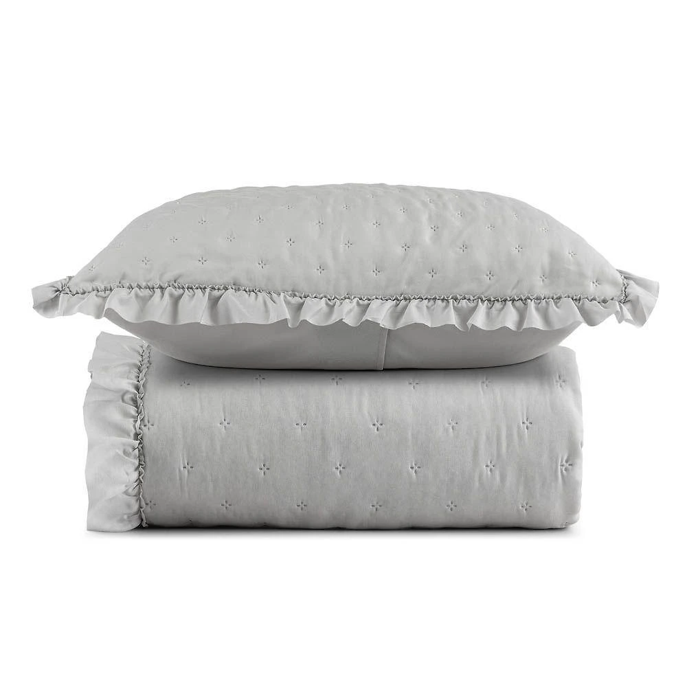 Kit Cobre Leito Colcha Labella Solteiro 100% Poliéster Microfibra Macio com Babado Cinza Clara Luz