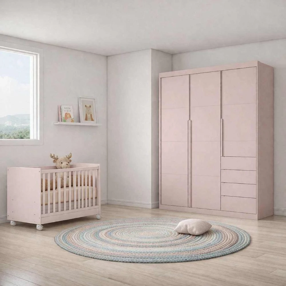 Jogo de Quarto Pérola 3 Portas 4 Gavetas MDF 70CM Rosê Phoenix Baby com Guarda Roupa e Berço