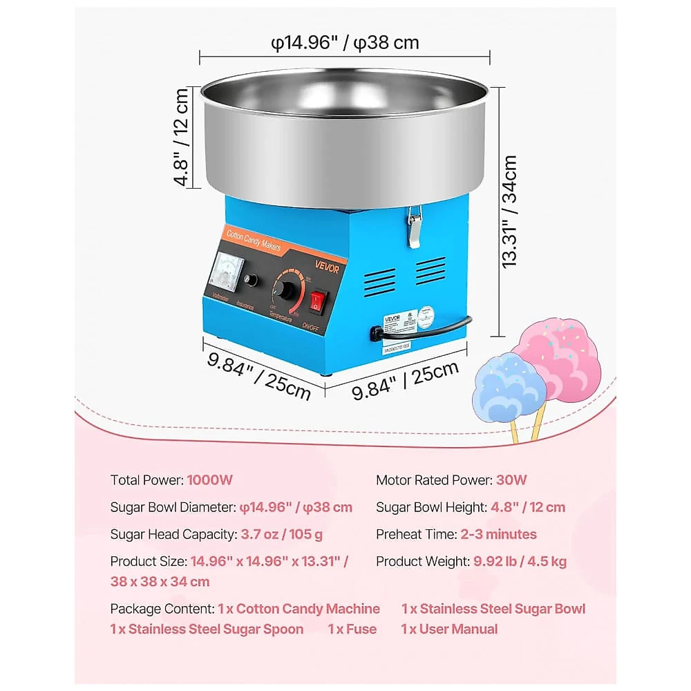 Máquina de Algodão Doce VEVOR 1000W Tigela Inox 38 cm Uso Contínuo 1h 110V