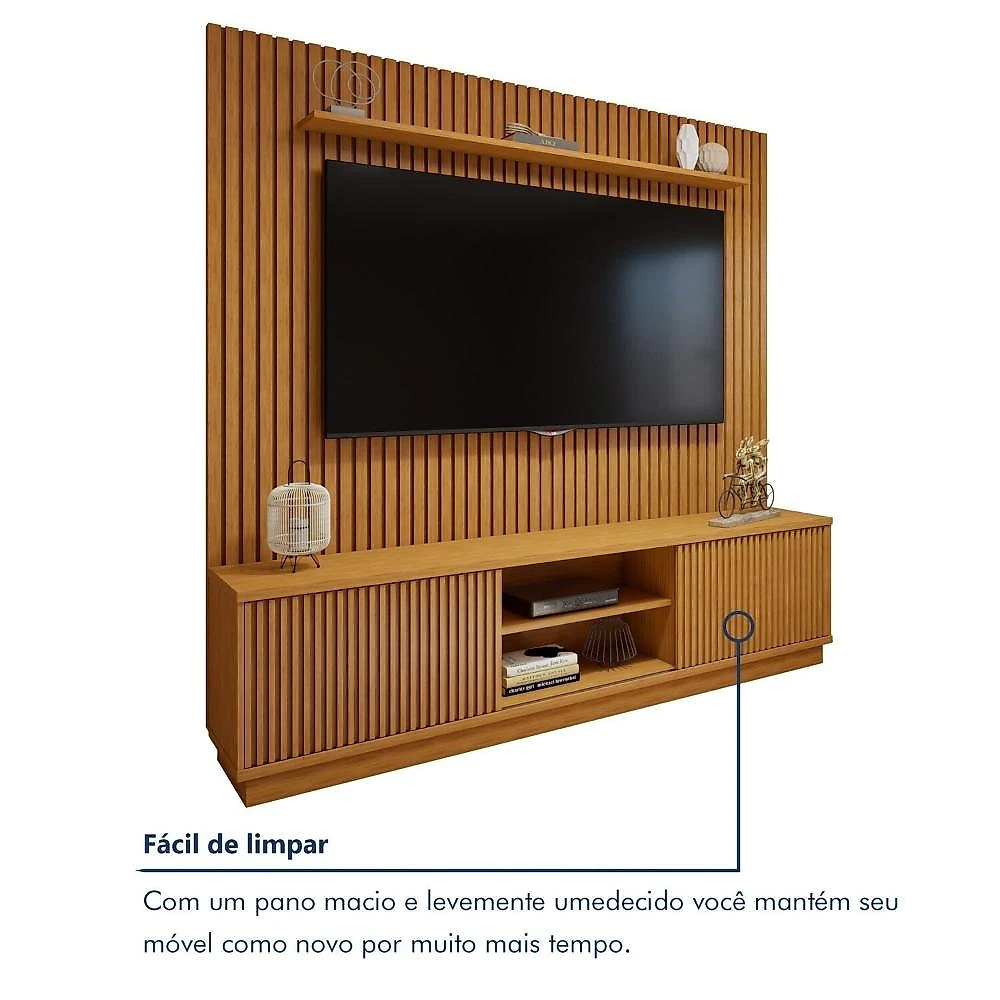 Rack com Painel para TV até 75 Polegadas Ripado 100% MDF sem Led 220cm Paris Arezzo Conjunto Rack Arezzo 220cm com Painel Ripado para Tv de até 75 Polegadas Paris Naturalle