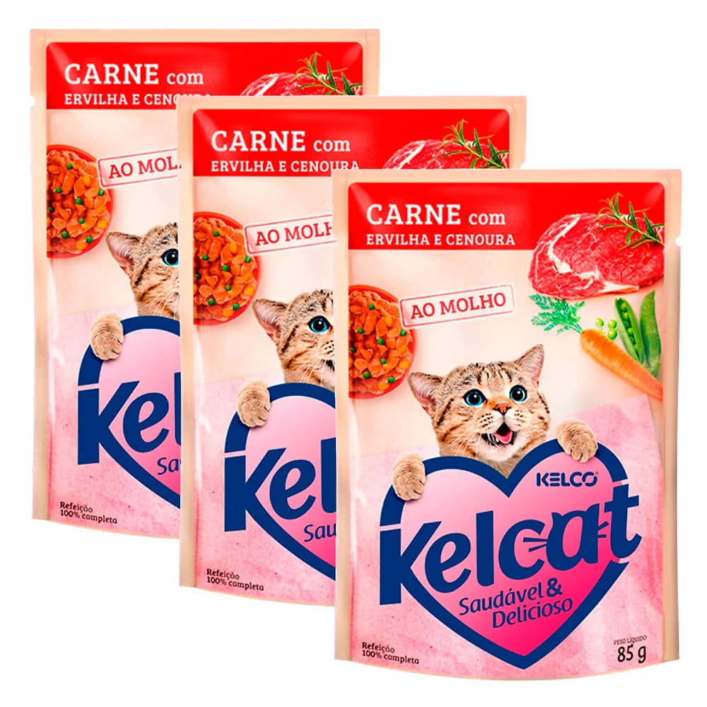 Kit 3 Ração Úmida para Gatos Kelcat Sabor Carne com Ervilha e Cenoura em Sachê 85g