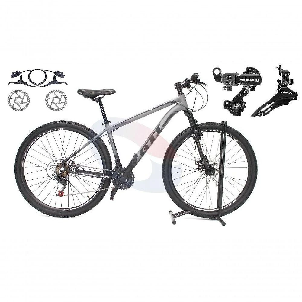 Bicicleta Aro 29 Gti Roma 21v Alumínio Câmbios Shimano Freio Disco Hidráulico Garfo Suspensão - Cinza-preto Tam.21