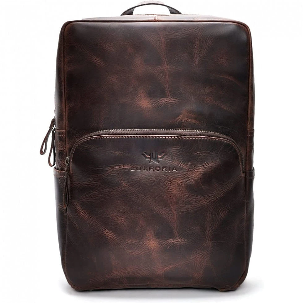 Mochila Masculina para Laptop de Couro, LUXEORIA, Marrom Escuro
