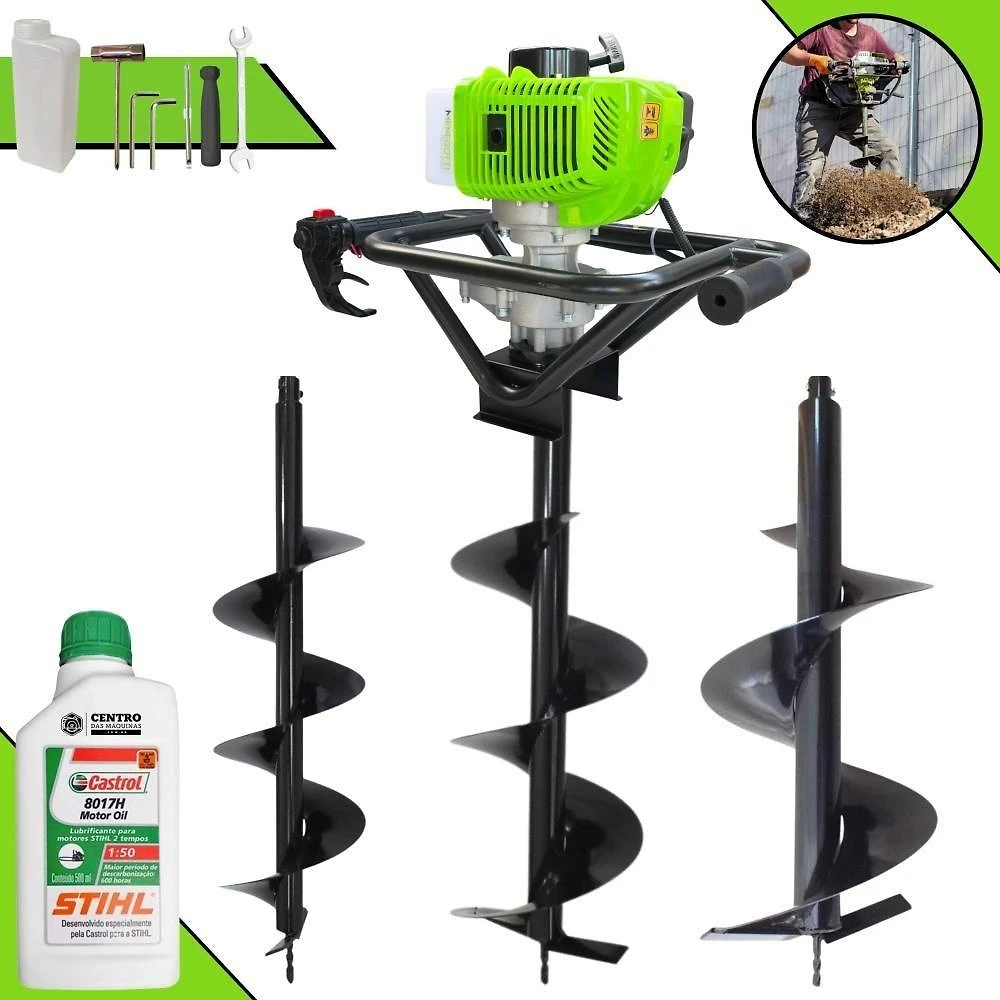 Perfurador de Solo MPS52 a Gasolina 2T 52CC com Brocas 80x20cm 80x25cm 80x30cm e Óleo Menegotti