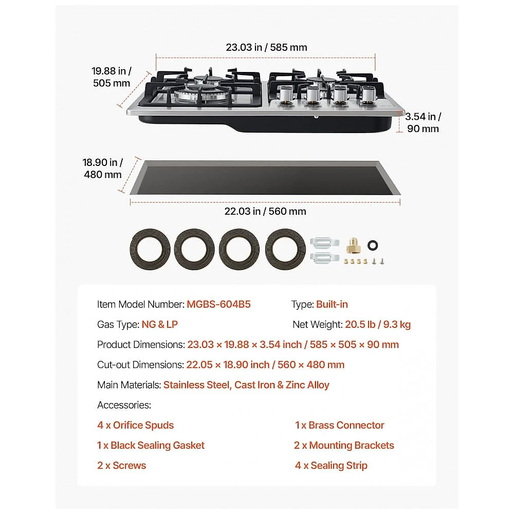 Cooktop a gás de embutir 58 cm VEVOR vidro temperado preto/inox 4 queimadores dupla alimentação GN/GLP proteção termopar 110V