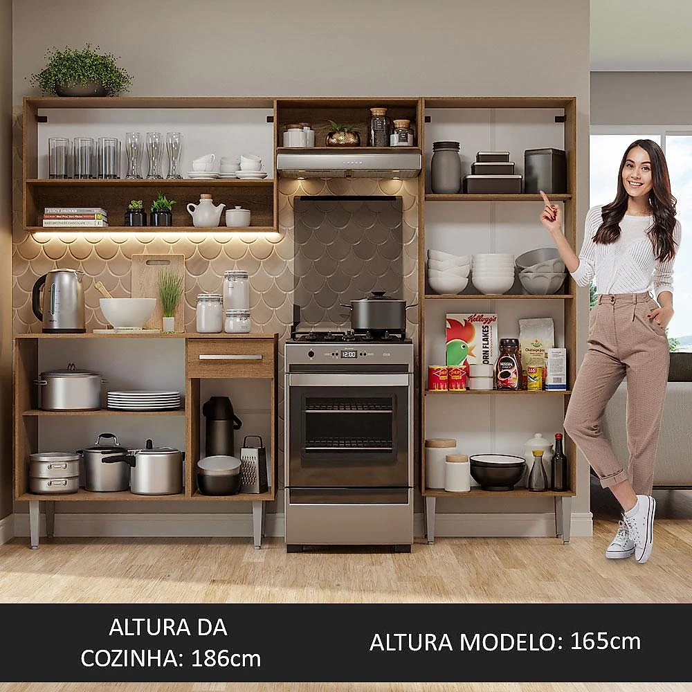Armário de Cozinha Compacta Madesa Emilly Pop com Balcão Rustic/Preto Rustic/Preto
