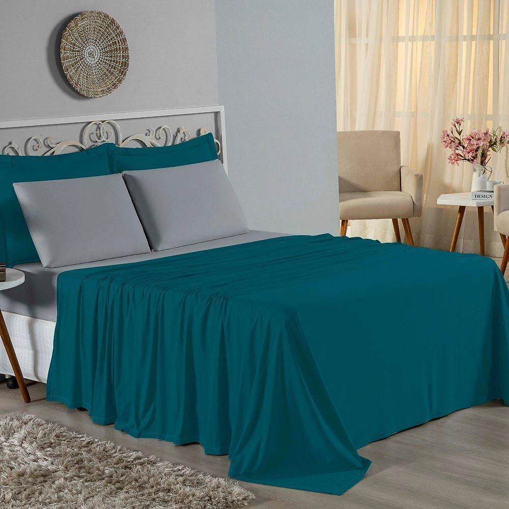 Jogo De Cama King Nobre 4 Peças Lençol Com Elástico De 30cm De Altura Malha 100% Algodão - Petróleo / Cinza