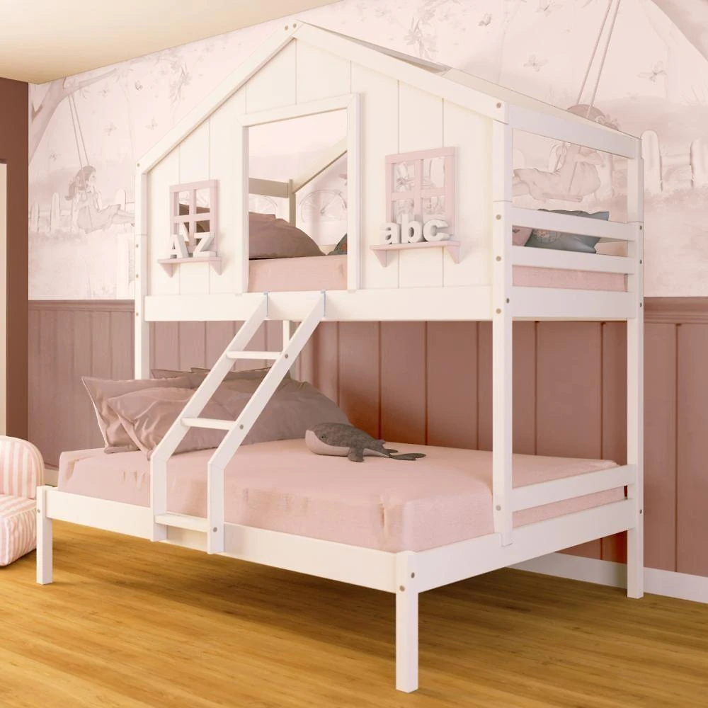 Beliche Casal/ Solteiro Casinha Dos Sonhos Madeira Maciça Branco/ Rosa Megamobilia