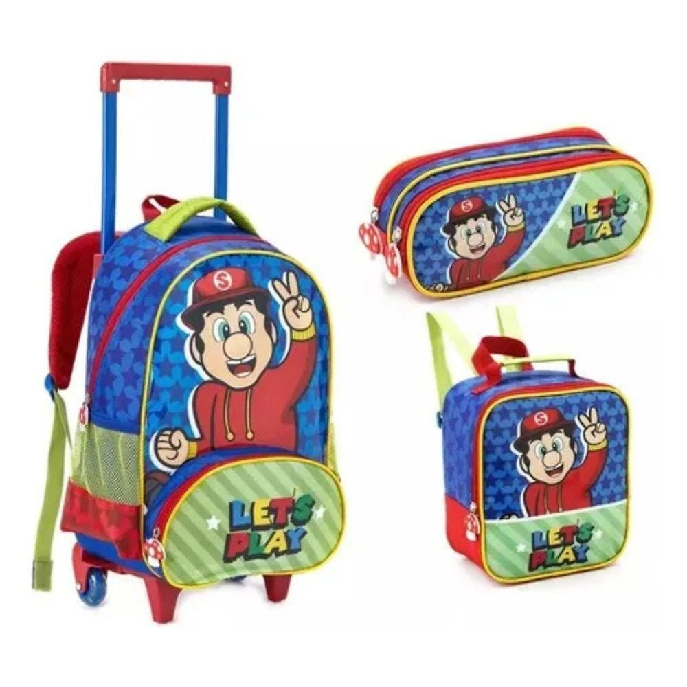 Kit Escolar Mochila C/rodinhas Alça De Mão E Costas Lancheira E Estojo Lets Play - Denlex - Azul Azul