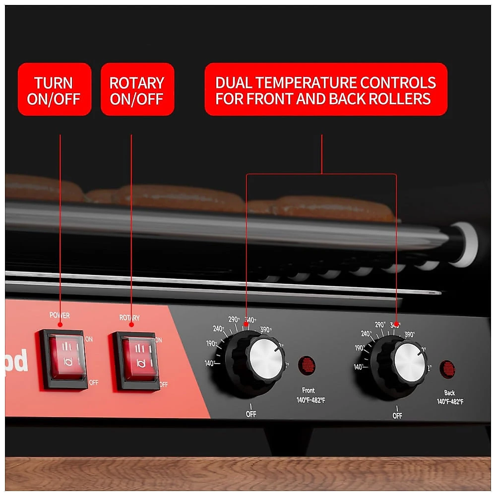 Máquina para Hot Dog 7 Rolos Capacidade 18 Unidades Aço Inox Controle Duplo de Temperatura Tampa de Vidro 1050W 110V Awgpd