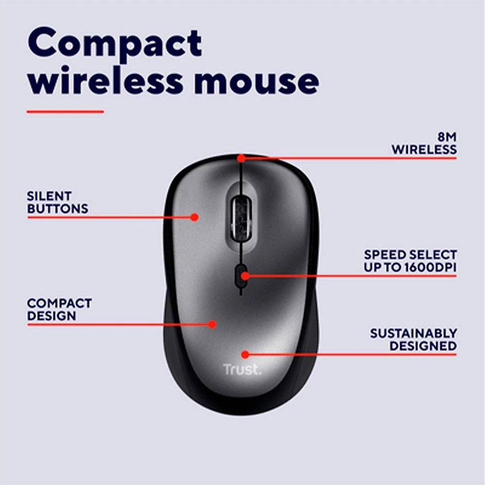 Mouse Sem Fio Trust Yvi+, Silencioso, 1600 DPI, Recetor USB, Preto - 24549