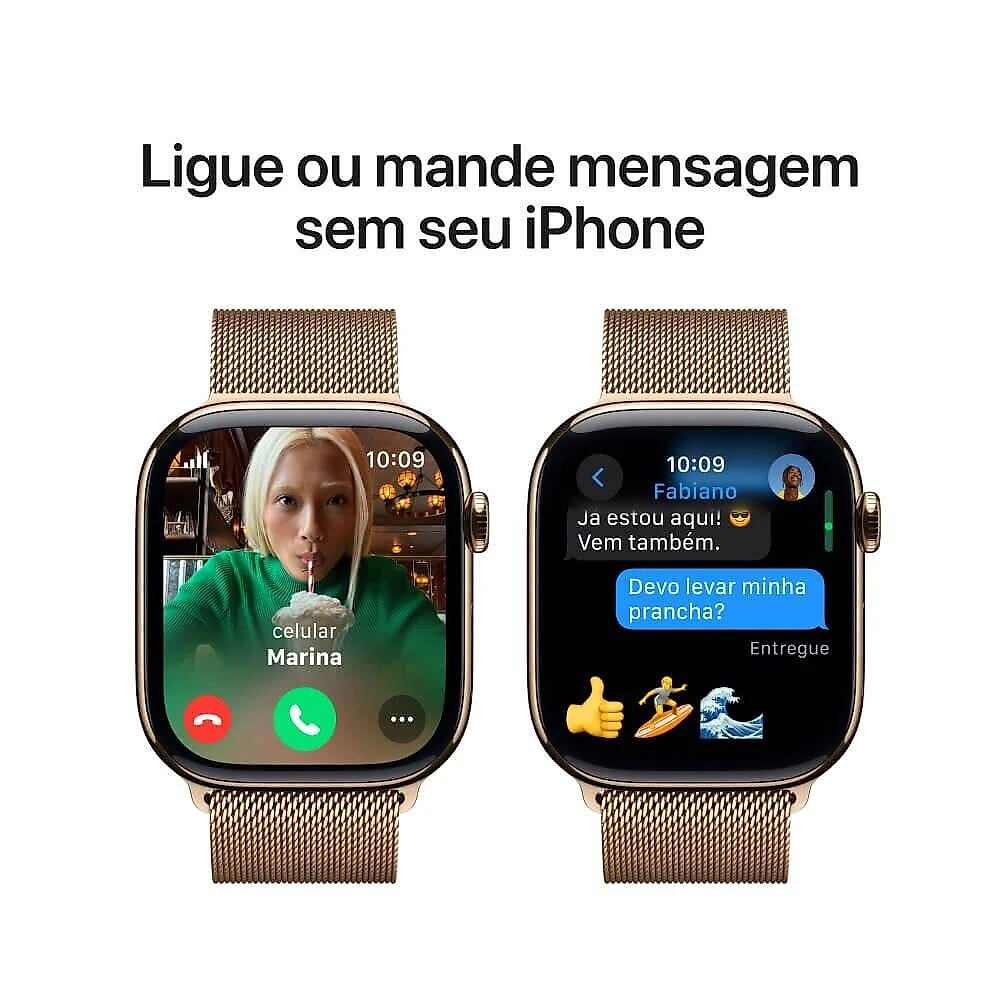 Apple Watch Series 10 GPS + Cellular • Caixa dourada de titânio – 42 mm • Pulseira dourada estilo milanês