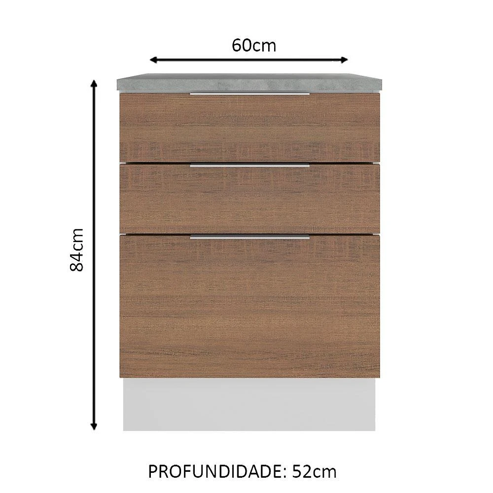 Balcão madesa stella 60 cm 3 gavetas - branco/rustic