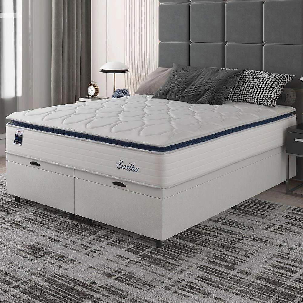 Cama Box Baú Casal King Colchão Molas Ensacadas Com Pillow Sevilha 193x203x74cm Branco/cinza Hellen