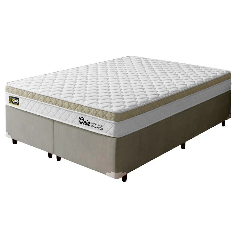 Cama Box Queen Onix Euro Pillow Espuma Ortopédica Tecido Jacquard Bege e Branco Hellen 158CM
