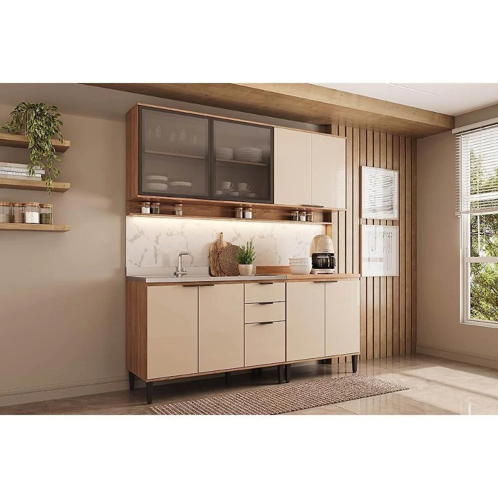Cozinha Modulada Alpha C4P178 4 Peças 5 Portas 2 Gavetas Freijo e Off White Móveis Carraro