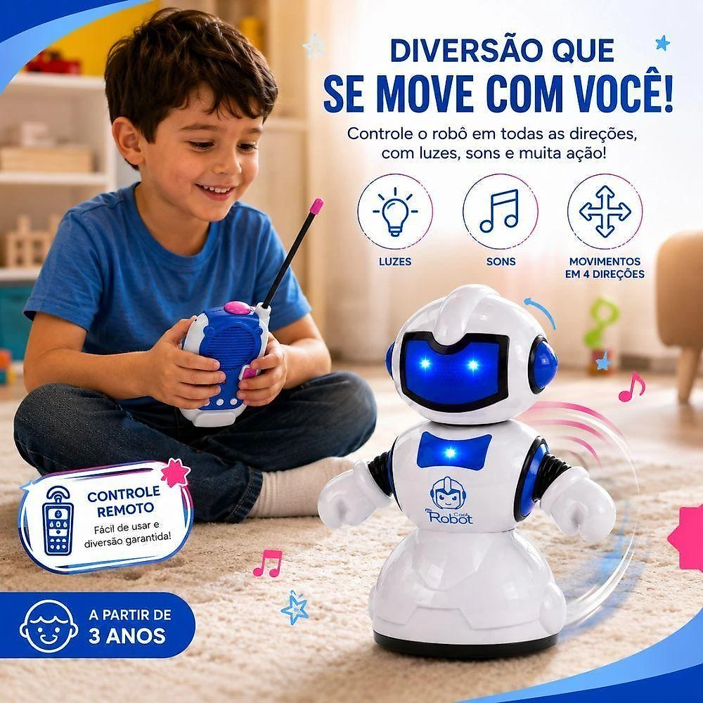 Robo de Brinquedo Controle Remoto Luz Som Movimento Interativo Eletronico Inteligente Azul Infantil