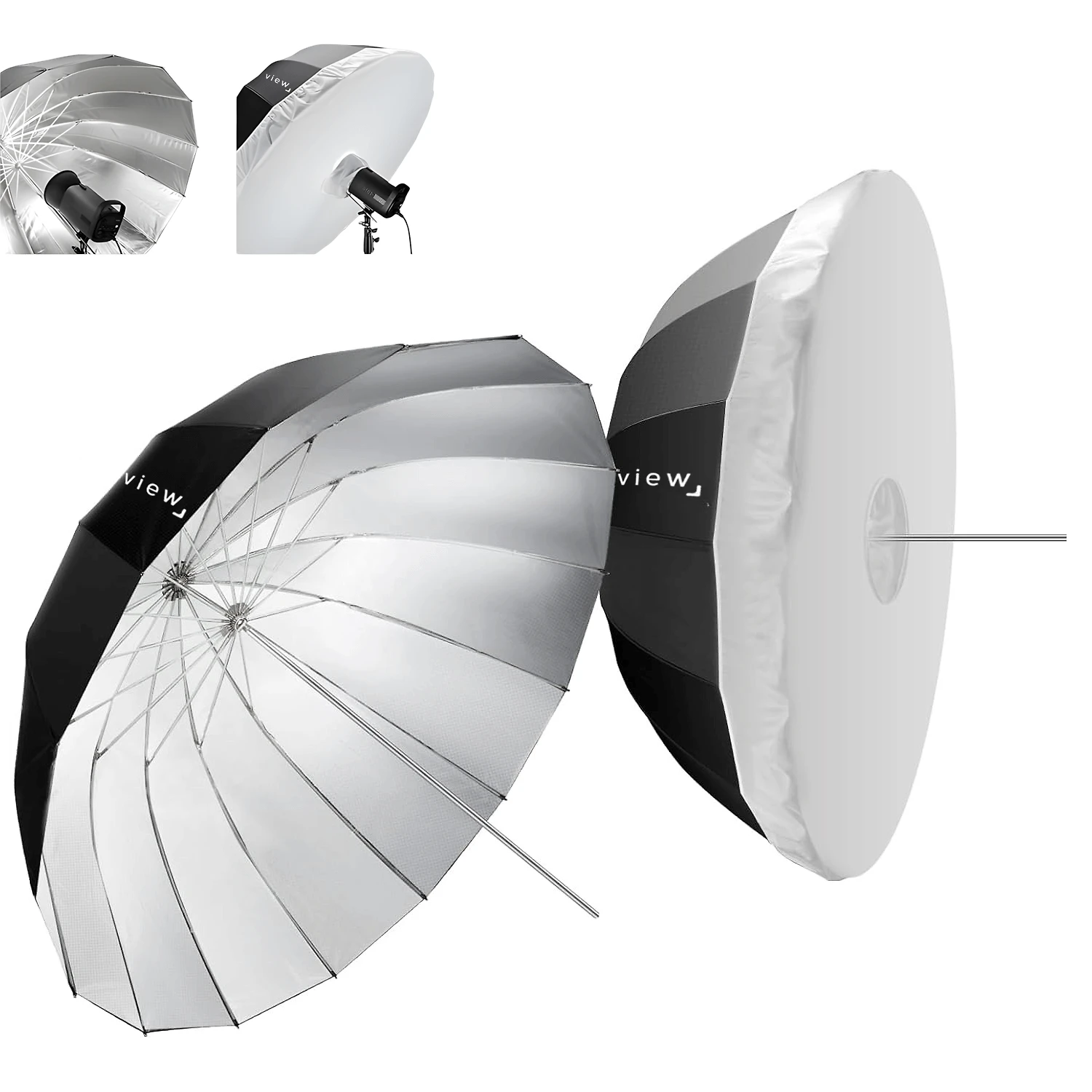 Sombrinha Parabólica Deep Preto Refletiva Prata 16 Varetas com Difusor Branco (85cm)