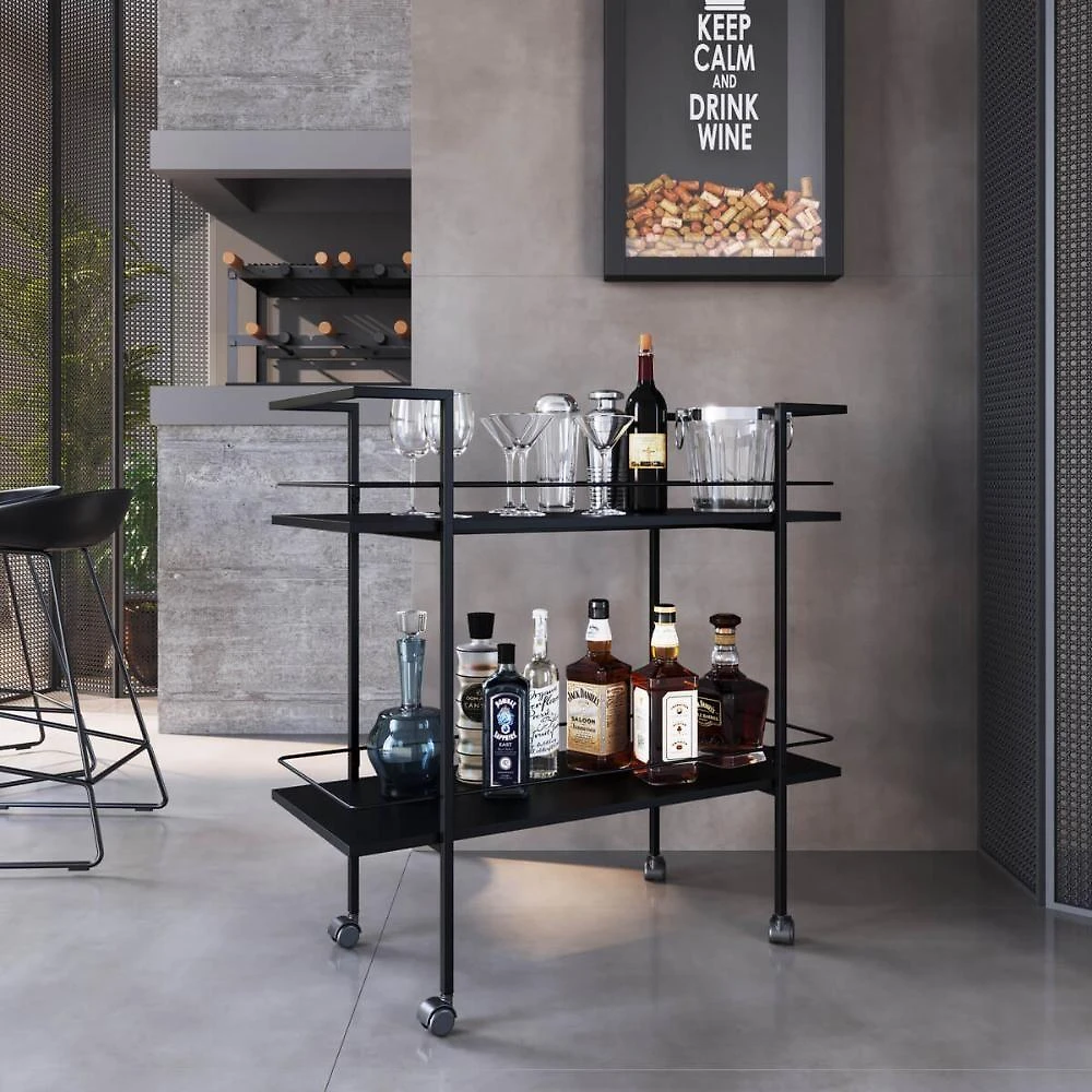 Carrinho Bar Industrial sem Porta 2 Prateleiras Aço e MDP 90CM Preto